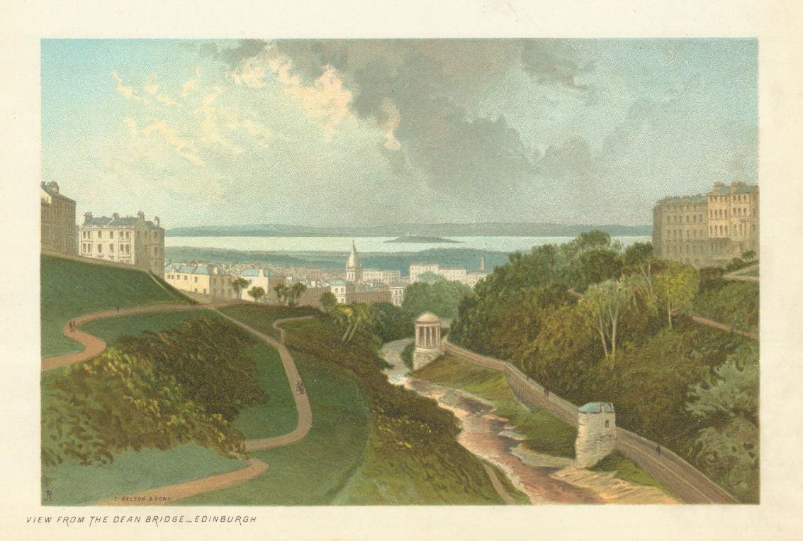 View from the Dean Bridge, Edinburgh. Scotland antique chromolithograph 1891